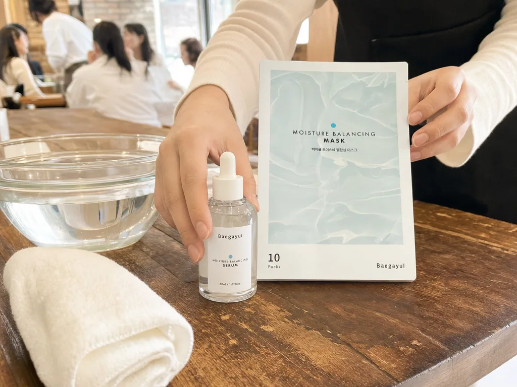 A Baegayul serum bottle and mask box beside a bowl of water and a folded towel on a wooden counter.