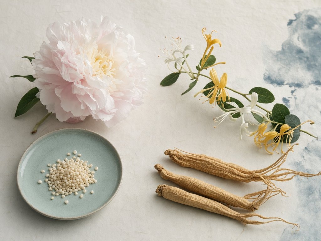 Peony, honeysuckle, dried yellow roots, and a dish of Job's Tears arranged on hanji paper