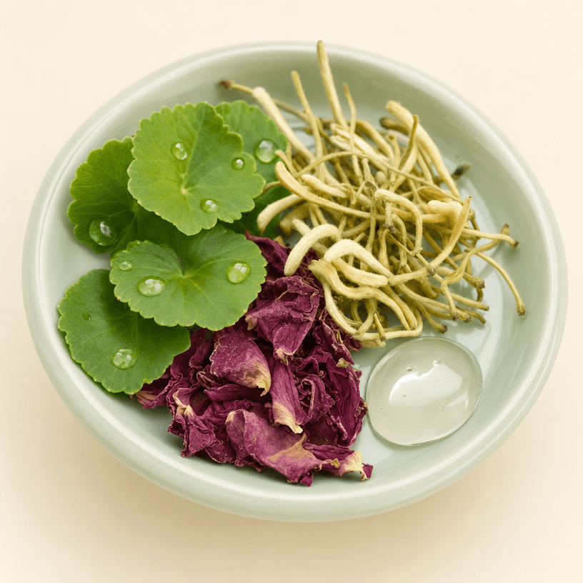 A dish holding fresh leaves and dried botanical ingredients