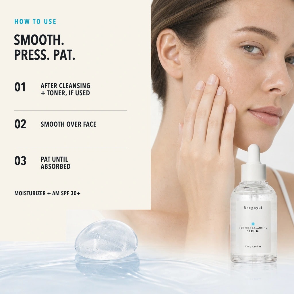 Suggested serum routine: after cleansing and toner, if used, smooth an appropriate amount over the face, pat until absorbed, then follow with moisturizer and morning SPF 30+.